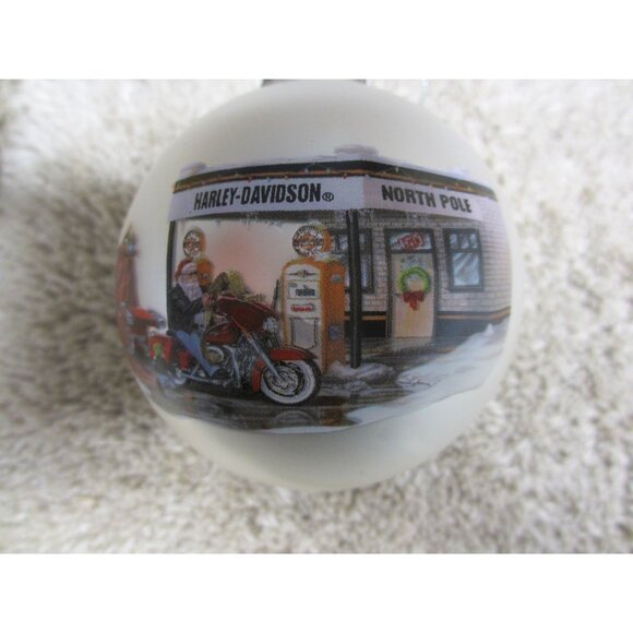 Harley-Davidson 2008 Glass Ball Ornament With North Pole Gas Station Scene - Picture 1 of 3